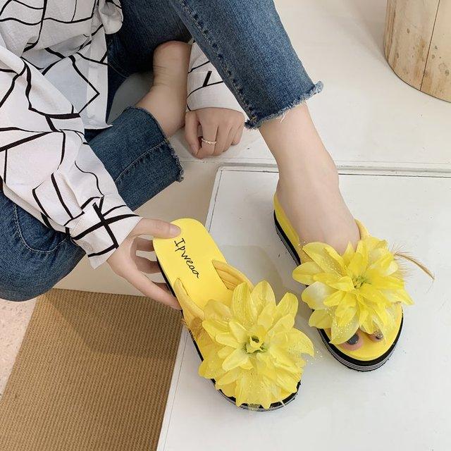 Floral Platform Flip Flops - Women's Summer Slide Beach Sandals