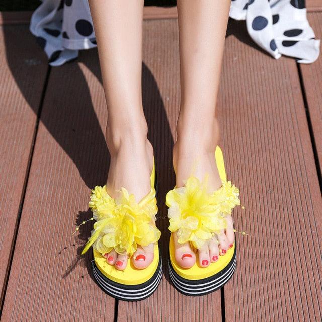Floral Platform Flip Flops - Women's Summer Slide Beach Sandals
