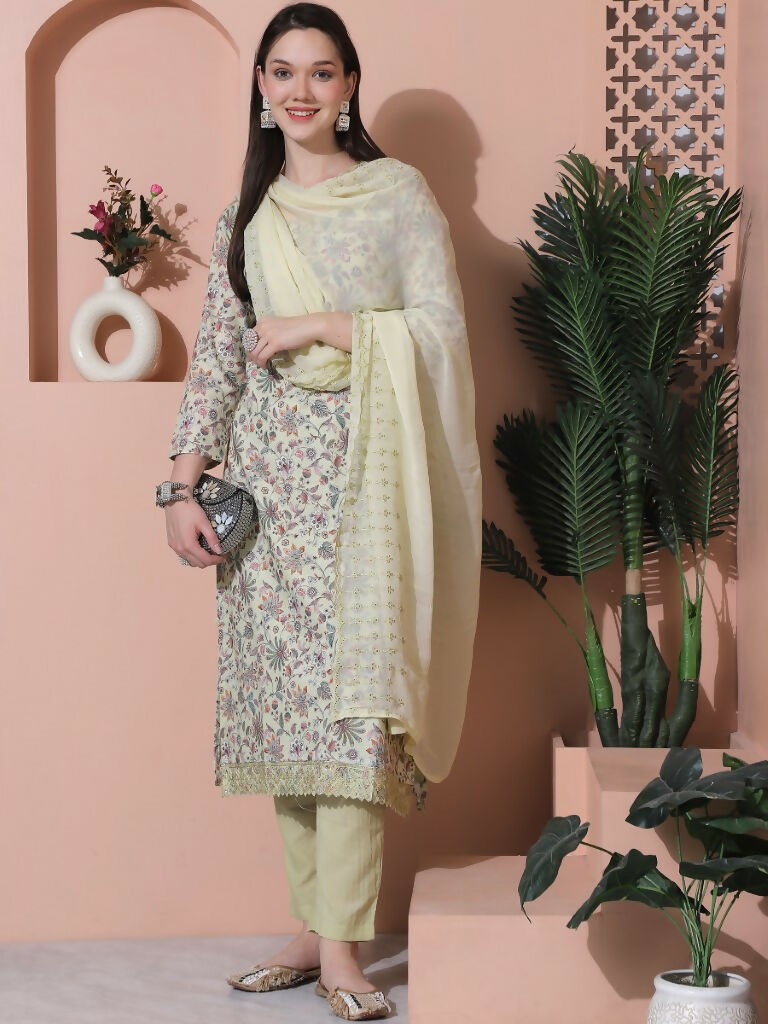 Green Cotton Floral Print Straight Kurta Set with Dupatta