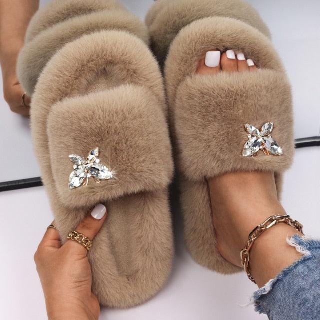 Women’s Faux Fur Rhinestone Butterfly Slides Comfy Platform Slippers