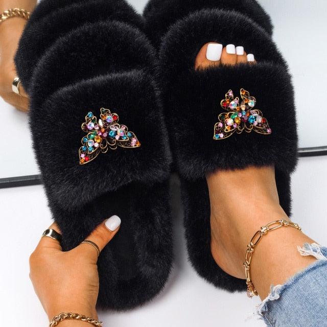 Women’s Faux Fur Rhinestone Butterfly Slides Comfy Platform Slippers