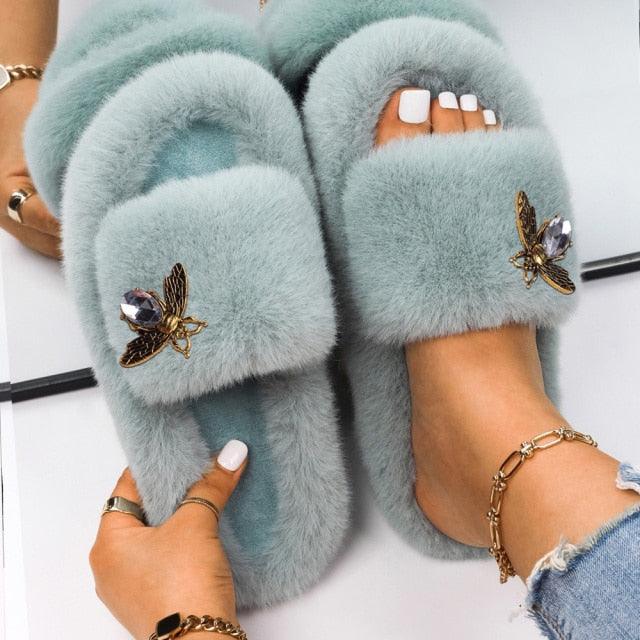 Women’s Faux Fur Rhinestone Butterfly Slides Comfy Platform Slippers