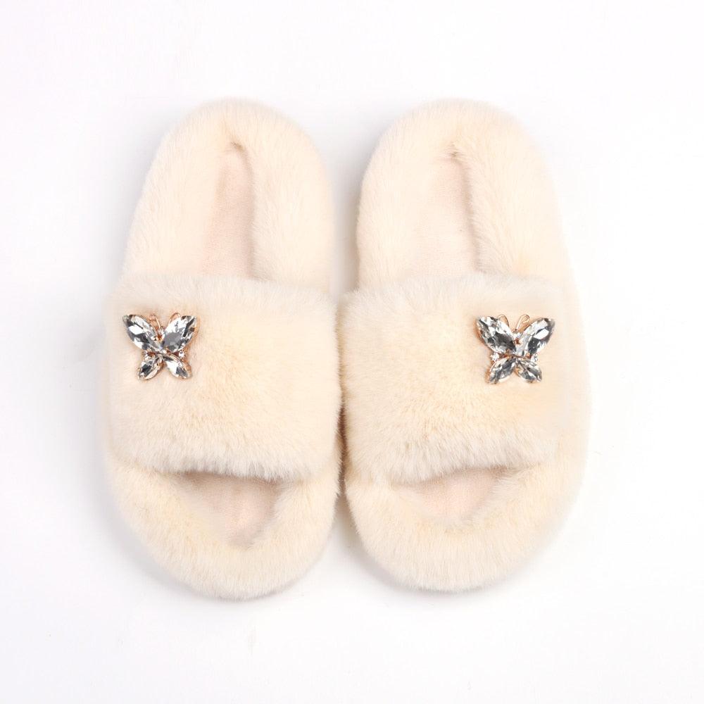 Women’s Faux Fur Rhinestone Butterfly Slides Comfy Platform Slippers