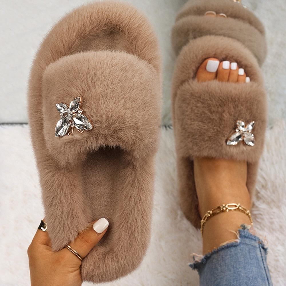 Women's fluffy faux fur platform slide slippers with rhinestone butterfly embellishment