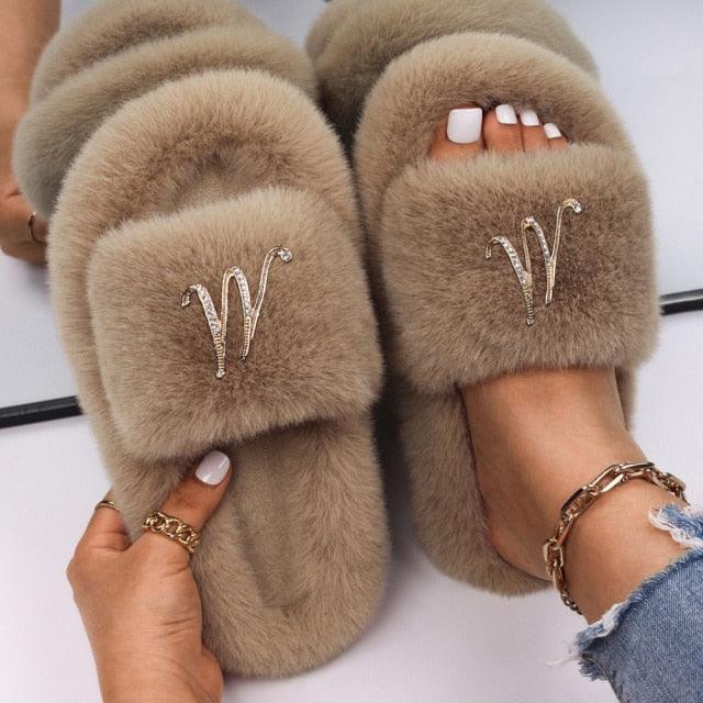 Women’s Faux Fur Rhinestone Butterfly Slides Comfy Platform Slippers