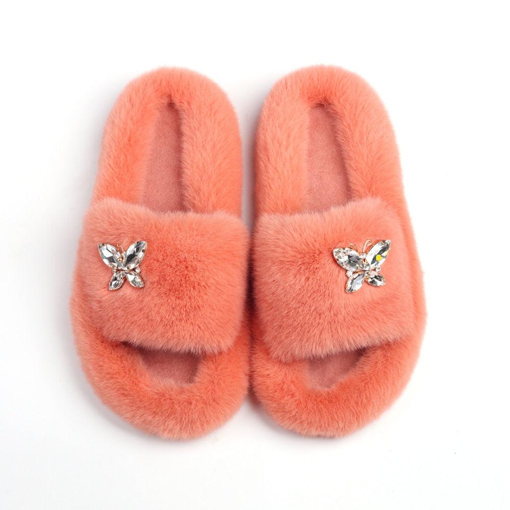 Women’s Faux Fur Rhinestone Butterfly Slides Comfy Platform Slippers