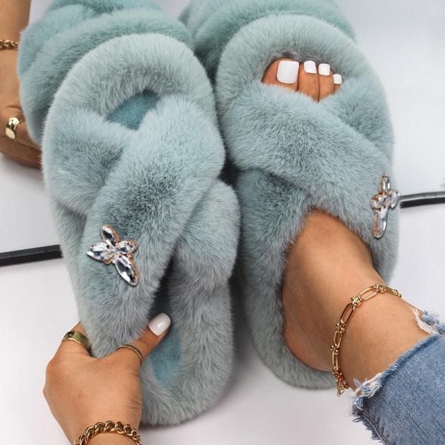 Women’s Faux Fur Rhinestone Butterfly Slides Comfy Platform Slippers