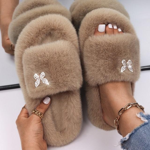 Women’s Faux Fur Rhinestone Butterfly Slides Comfy Platform Slippers