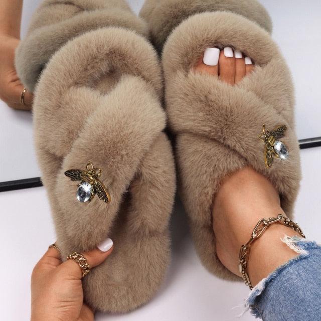 Women’s Faux Fur Rhinestone Butterfly Slides Comfy Platform Slippers