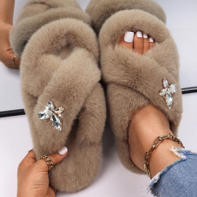 Women’s Faux Fur Rhinestone Butterfly Slides Comfy Platform Slippers