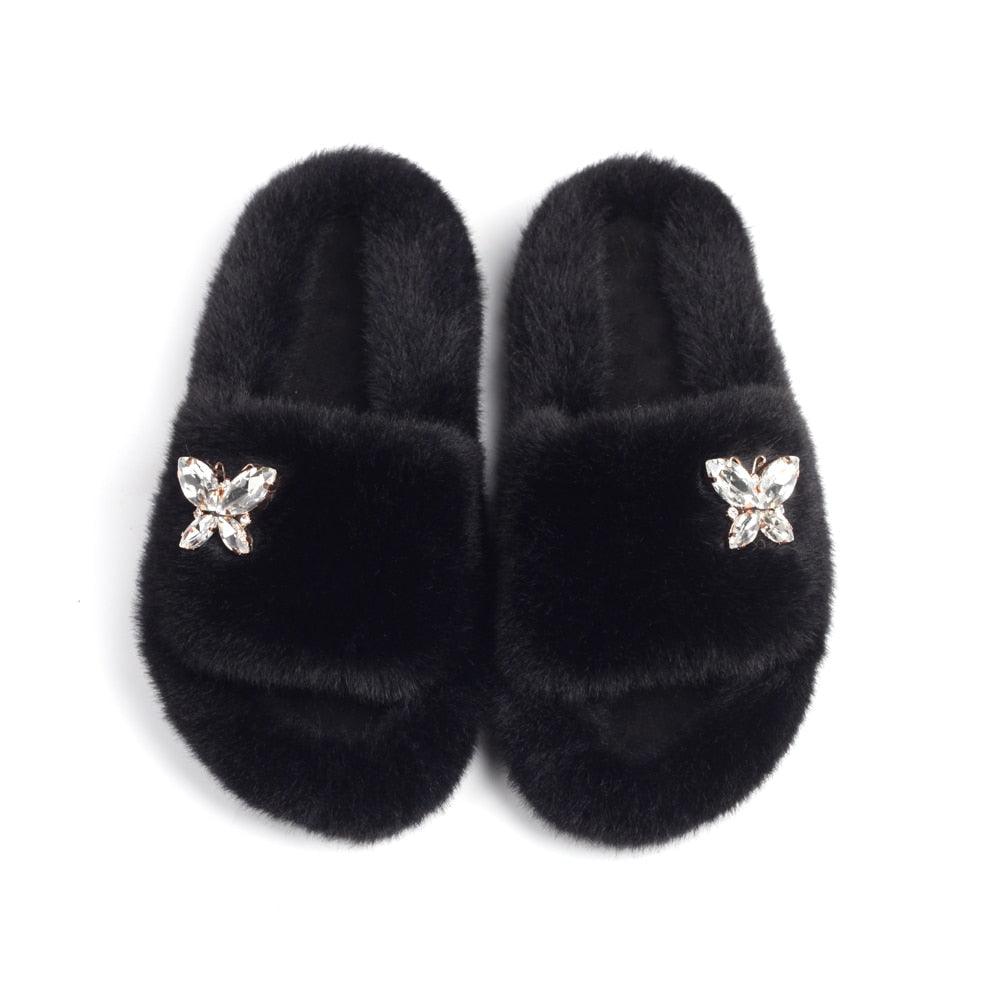 Women’s Faux Fur Rhinestone Butterfly Slides Comfy Platform Slippers