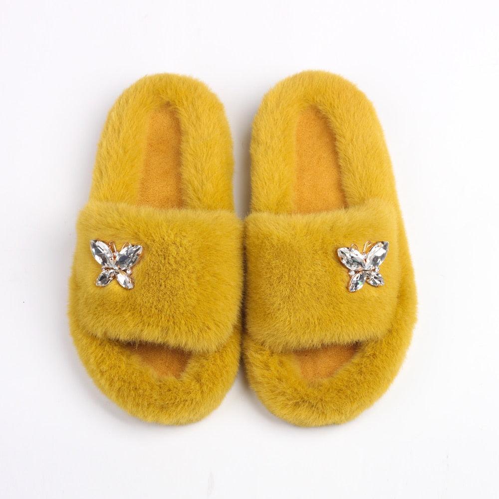 Women’s Faux Fur Rhinestone Butterfly Slides Comfy Platform Slippers