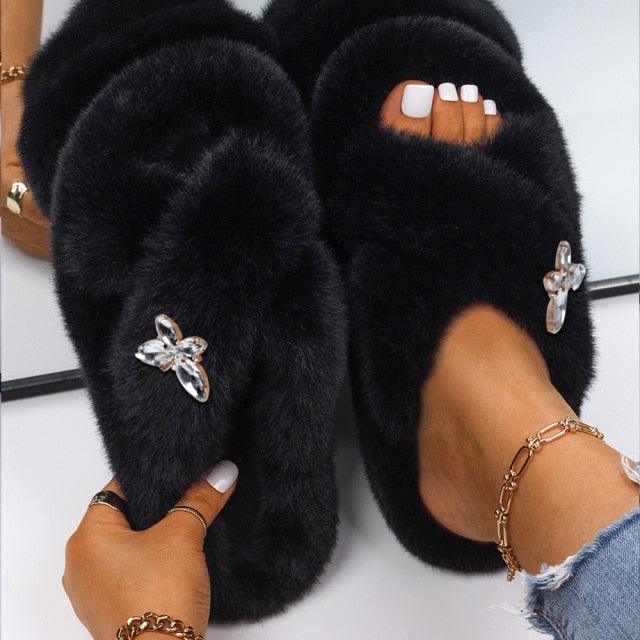 Women’s Faux Fur Rhinestone Butterfly Slides Comfy Platform Slippers