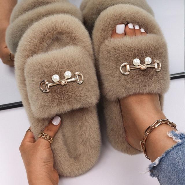 Women’s Faux Fur Rhinestone Butterfly Slides Comfy Platform Slippers