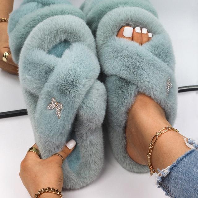 Women’s Faux Fur Rhinestone Butterfly Slides Comfy Platform Slippers