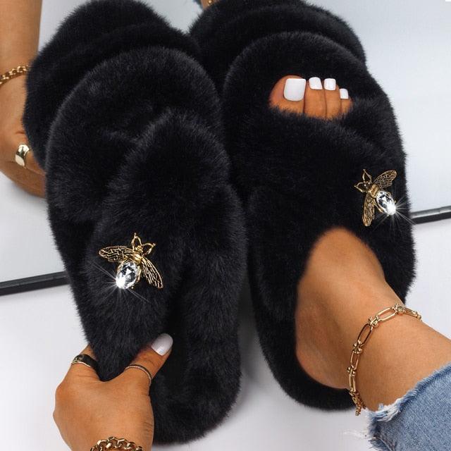 Women’s Faux Fur Rhinestone Butterfly Slides Comfy Platform Slippers