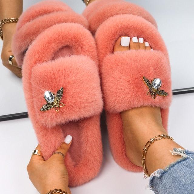 Women’s Faux Fur Rhinestone Butterfly Slides Comfy Platform Slippers