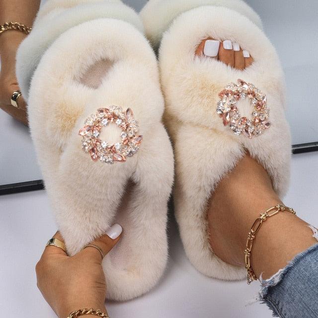 Women’s Faux Fur Rhinestone Butterfly Slides Comfy Platform Slippers