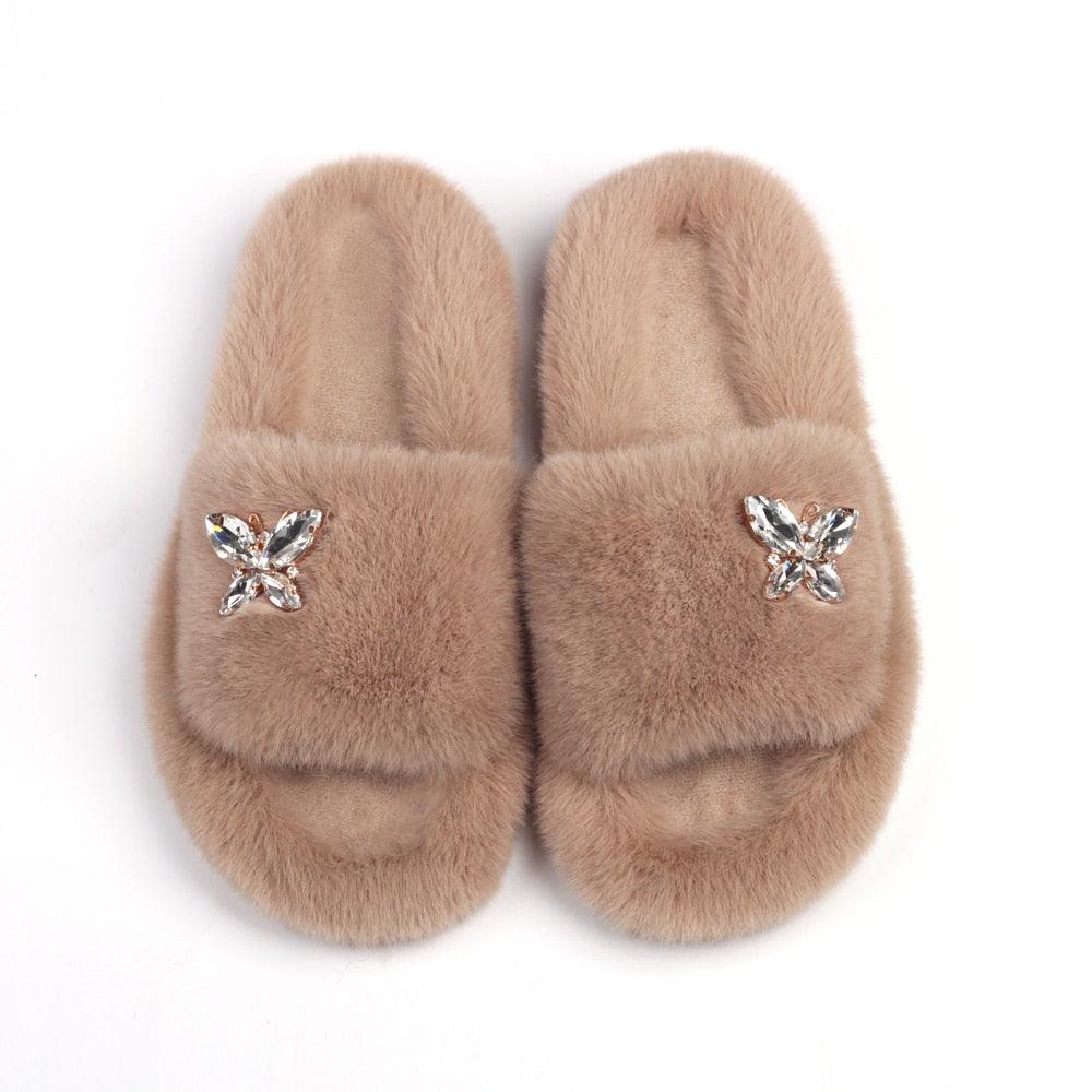 Women’s Faux Fur Rhinestone Butterfly Slides Comfy Platform Slippers