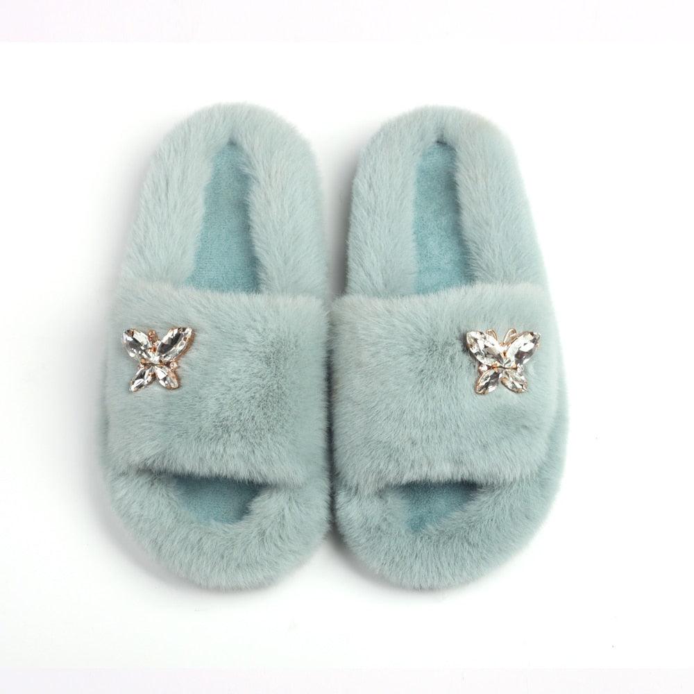Women’s Faux Fur Rhinestone Butterfly Slides Comfy Platform Slippers
