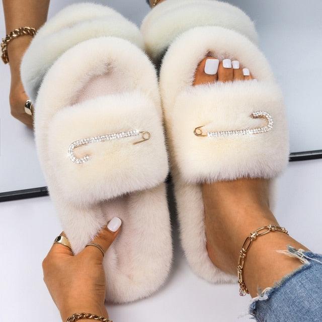 Women’s Faux Fur Rhinestone Butterfly Slides Comfy Platform Slippers