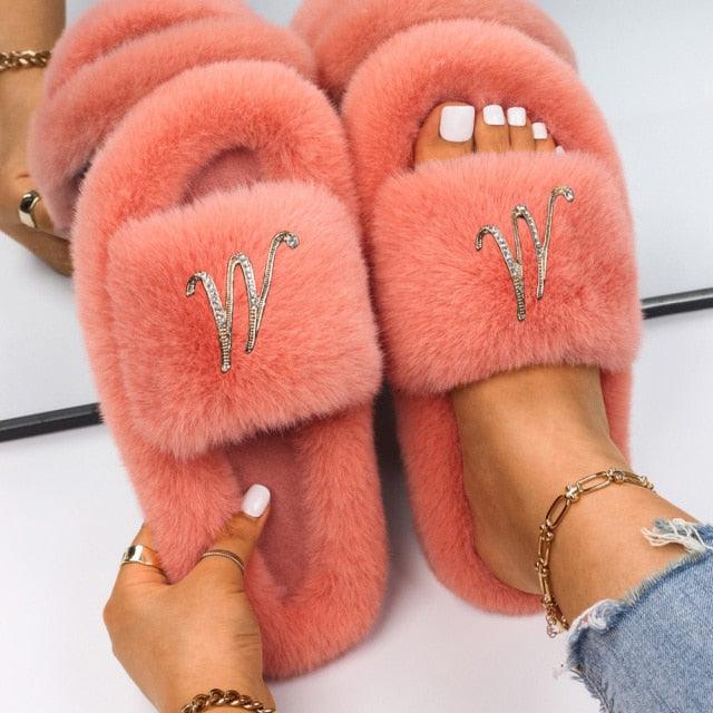 Women’s Faux Fur Rhinestone Butterfly Slides Comfy Platform Slippers