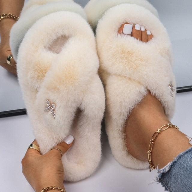Women’s Faux Fur Rhinestone Butterfly Slides Comfy Platform Slippers