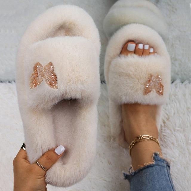 Women’s Faux Fur Rhinestone Butterfly Slides Comfy Platform Slippers
