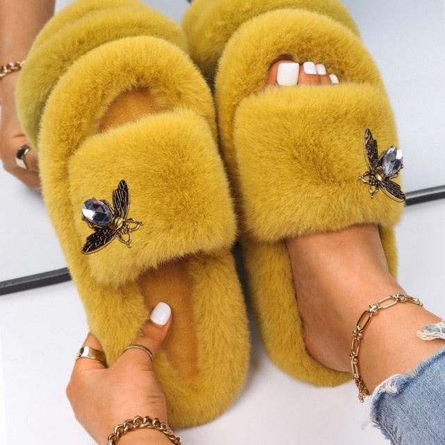 Women’s Faux Fur Rhinestone Butterfly Slides Comfy Platform Slippers