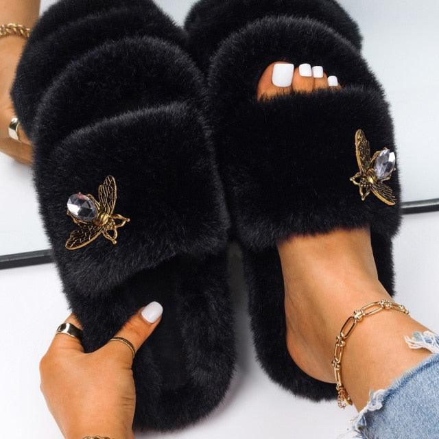 Women’s Faux Fur Rhinestone Butterfly Slides Comfy Platform Slippers