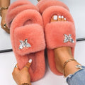 Women’s Faux Fur Rhinestone Butterfly Slides Comfy Platform Slippers