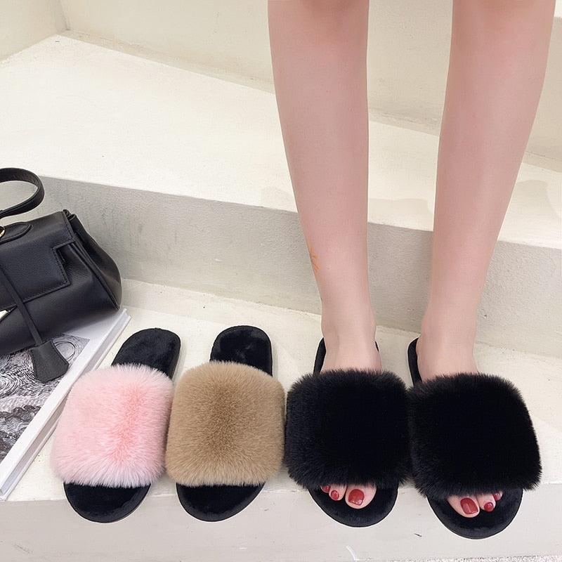 Women’s Faux Fur Cross-Strap Indoor Slides with Memory Foam