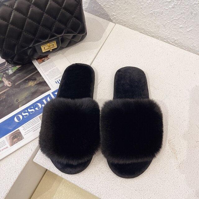 Women’s Faux Fur Cross-Strap Indoor Slides with Memory Foam