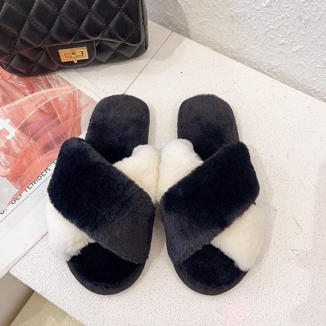 Women’s Faux Fur Cross-Strap Indoor Slides with Memory Foam