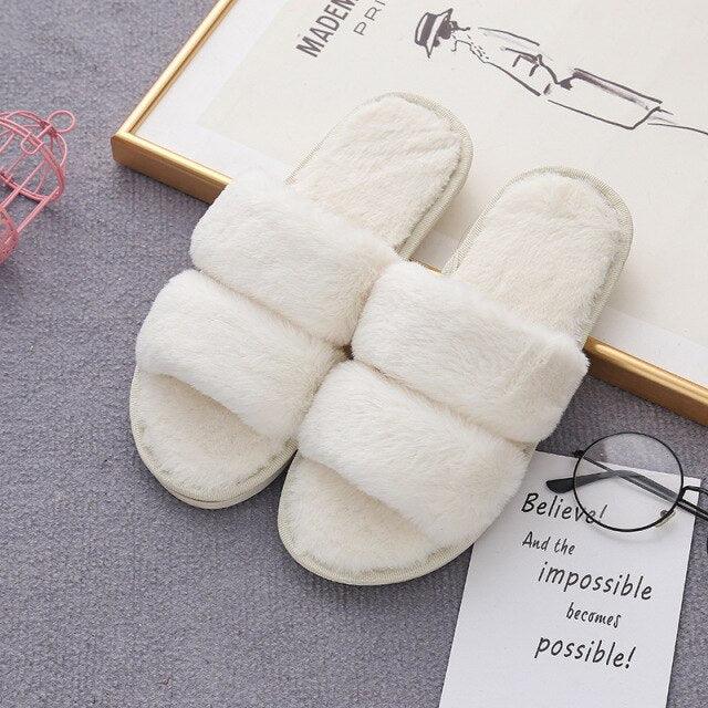 Women’s Faux Fur Cross-Strap Indoor Slides with Memory Foam
