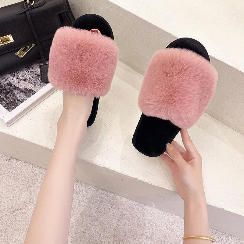 Women’s Faux Fur Cross-Strap Indoor Slides with Memory Foam