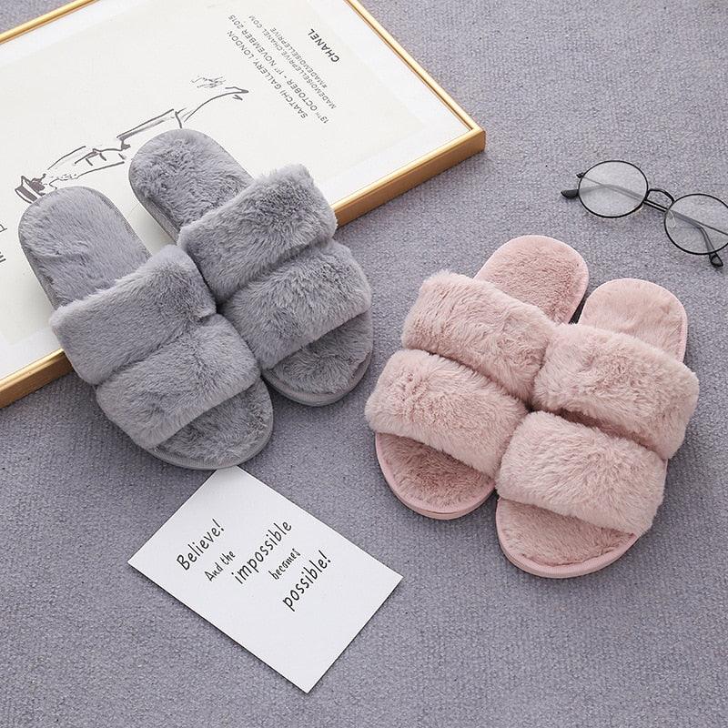 Women’s Faux Fur Cross-Strap Indoor Slides with Memory Foam
