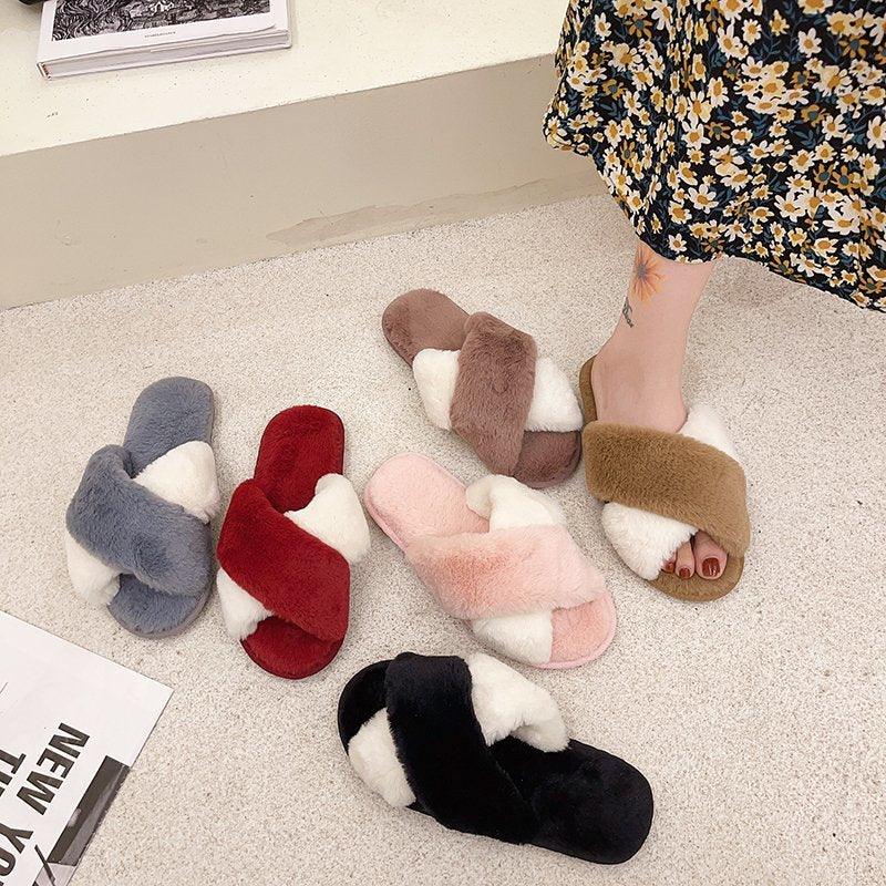 Women’s Faux Fur Cross-Strap Indoor Slides with Memory Foam