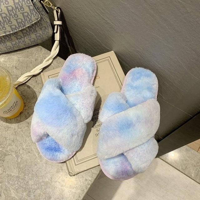 Women’s Faux Fur Cross-Strap Indoor Slides with Memory Foam