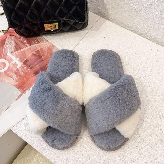Women’s Faux Fur Cross-Strap Indoor Slides with Memory Foam