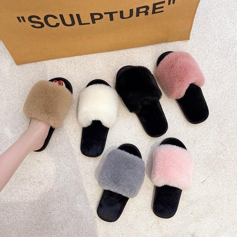 Women’s Faux Fur Cross-Strap Indoor Slides with Memory Foam
