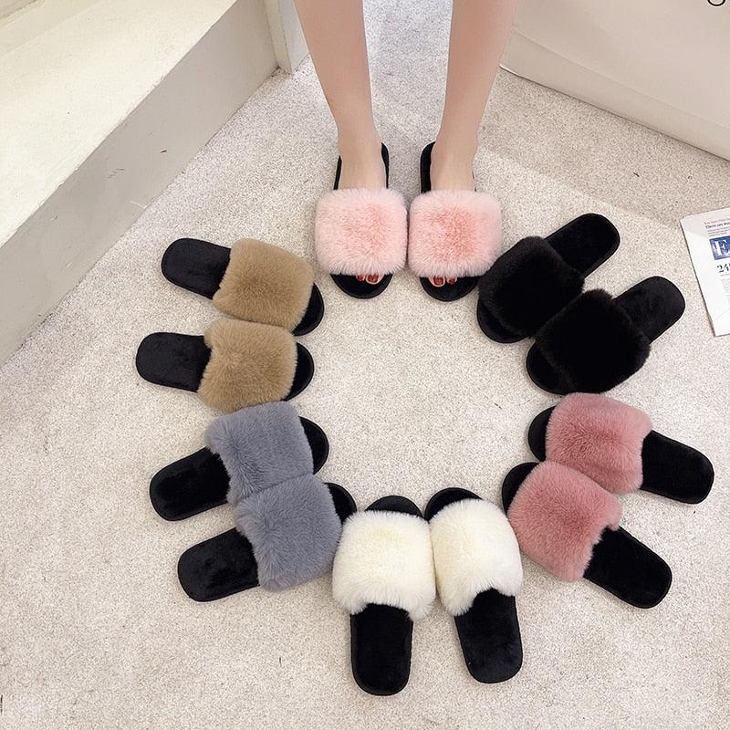 Women’s Faux Fur Cross-Strap Indoor Slides with Memory Foam