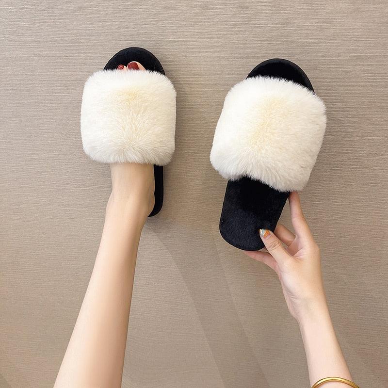 Women’s Faux Fur Cross-Strap Indoor Slides with Memory Foam