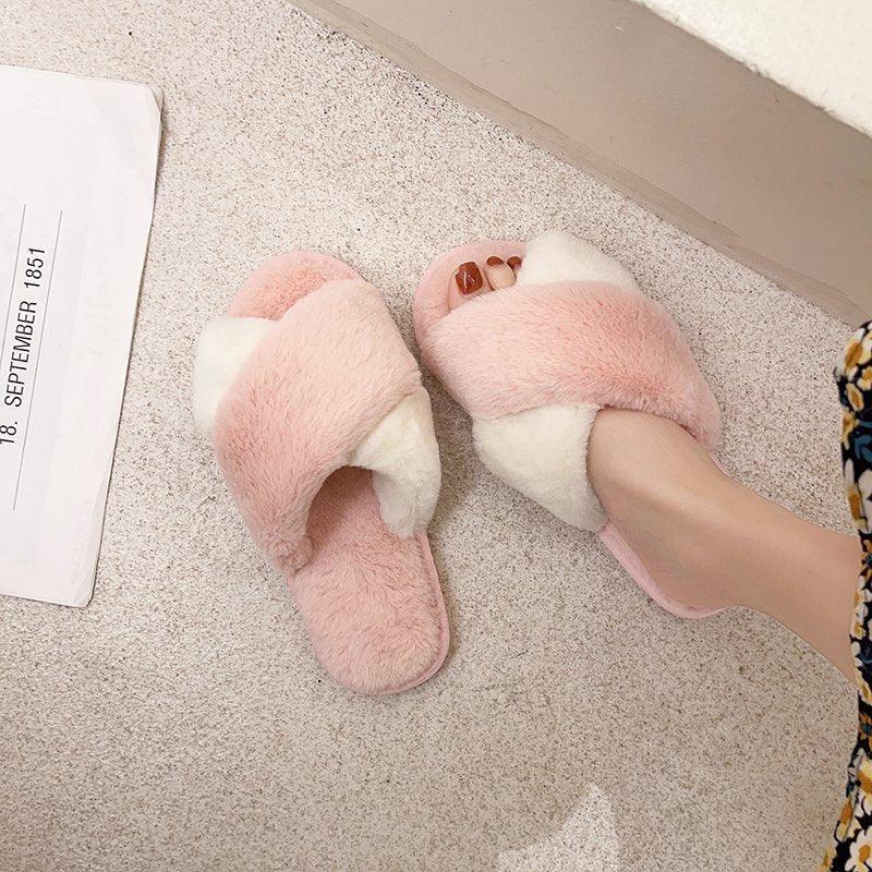 Women’s Faux Fur Cross-Strap Indoor Slides with Memory Foam