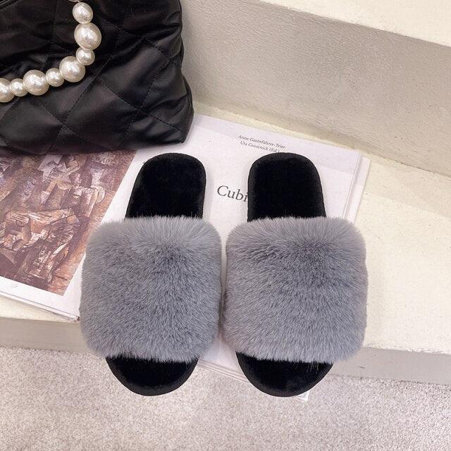 Women’s Faux Fur Cross-Strap Indoor Slides with Memory Foam