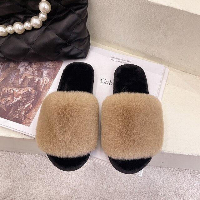 Women’s Faux Fur Cross-Strap Indoor Slides with Memory Foam
