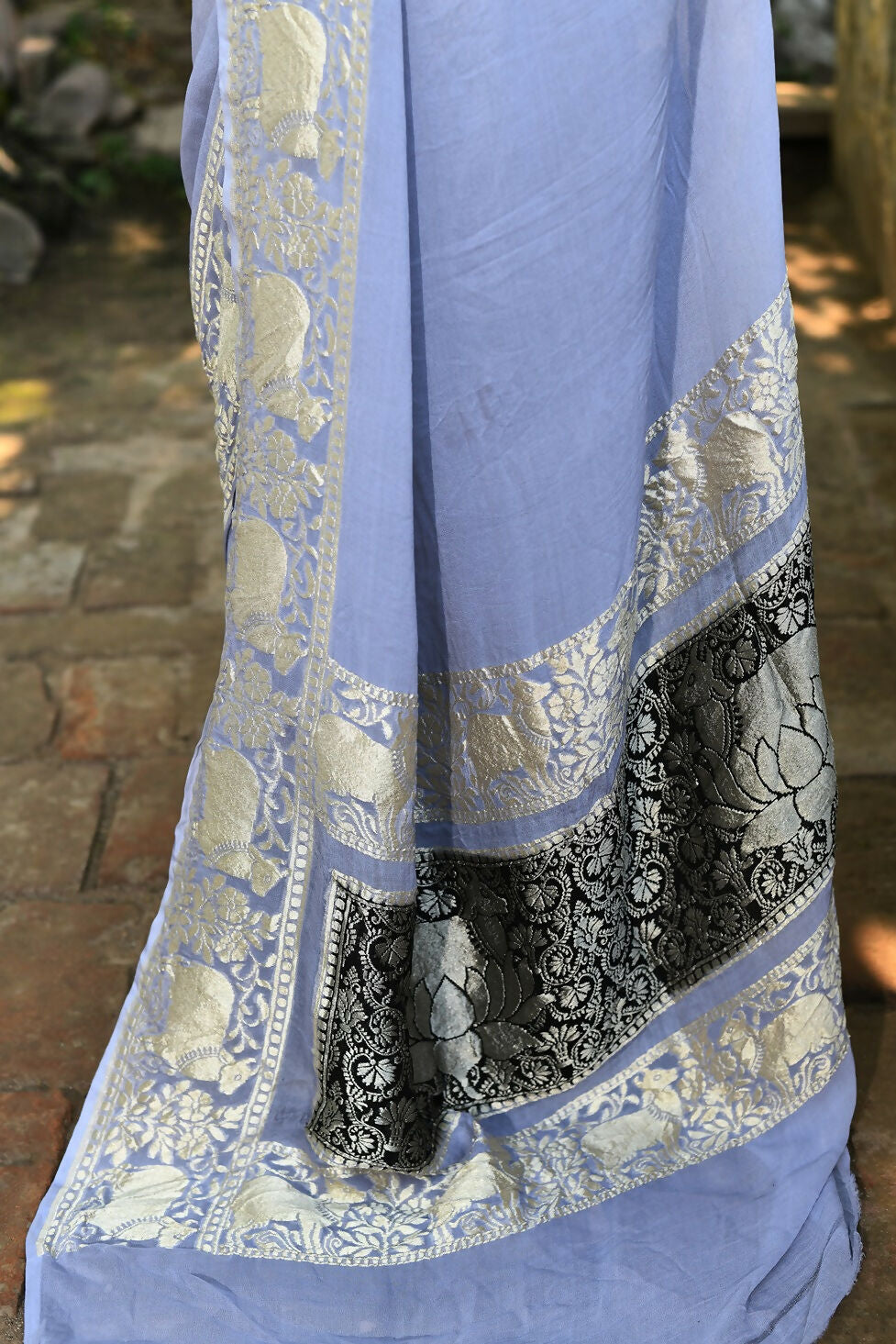 Silver Crepe Chiffon Pure Handloom Banarasi Silk Saree