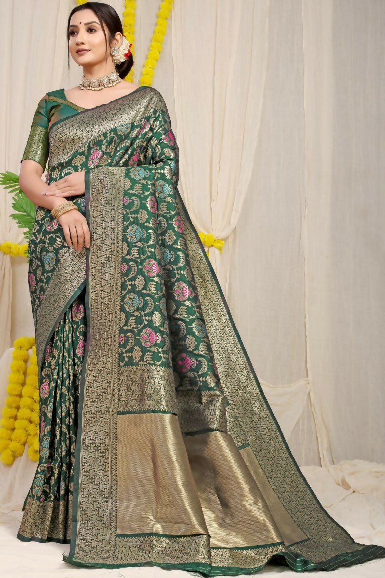 Bottle Green Kanjivaram Silk Saree with Zari Woven details and matching blouse
