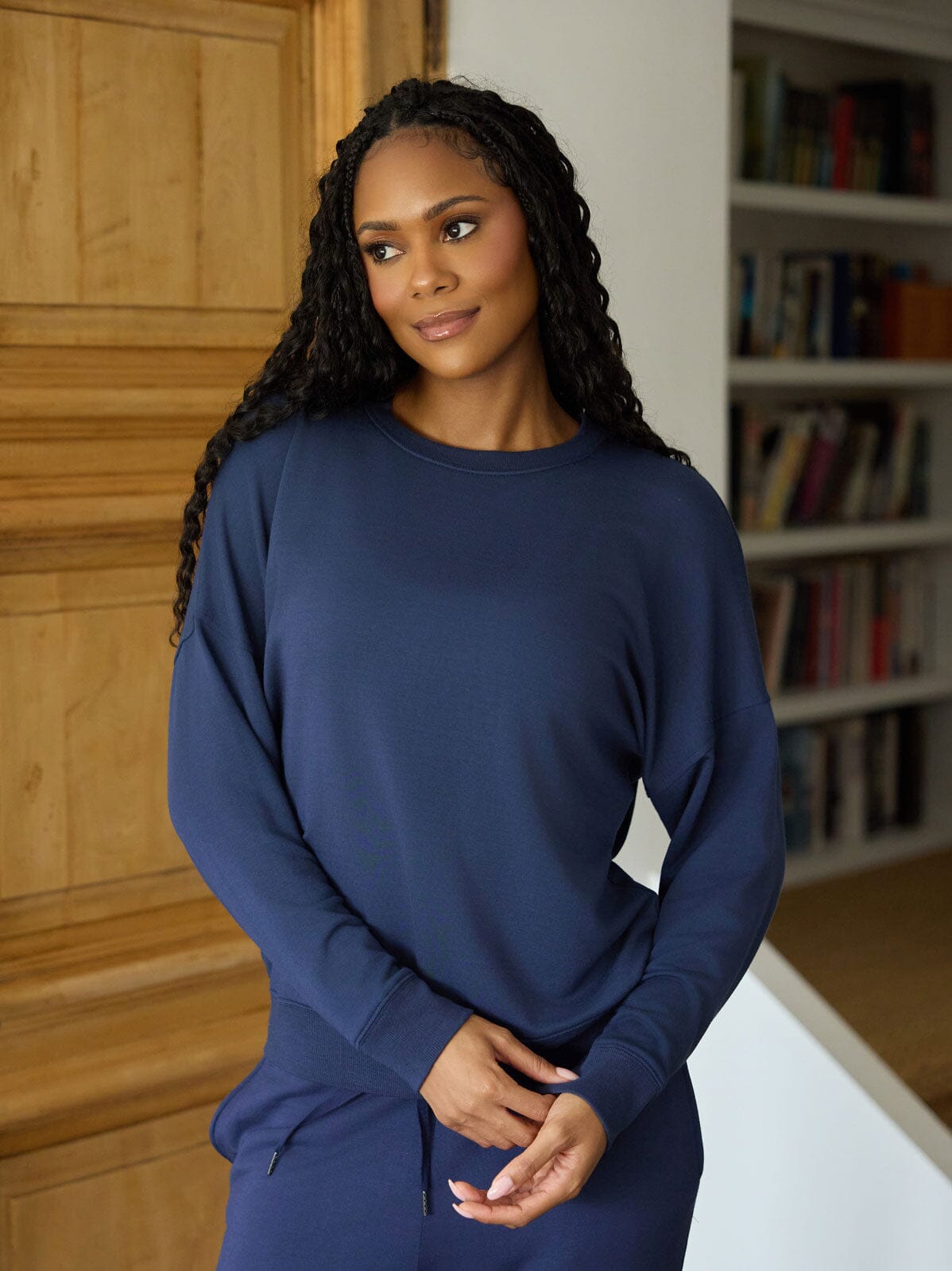 Women's Navy Blue Feather Fleece Sweatshirt - Relaxed Loungewear