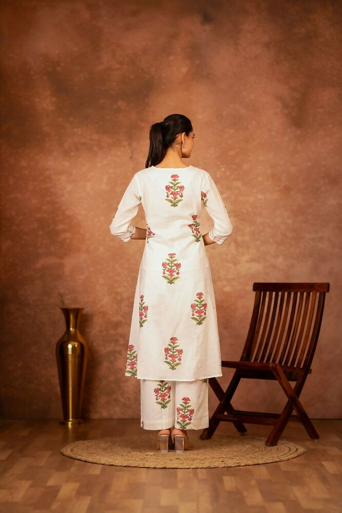 Off White and Pink Hand Block Printed Cotton Suit Set